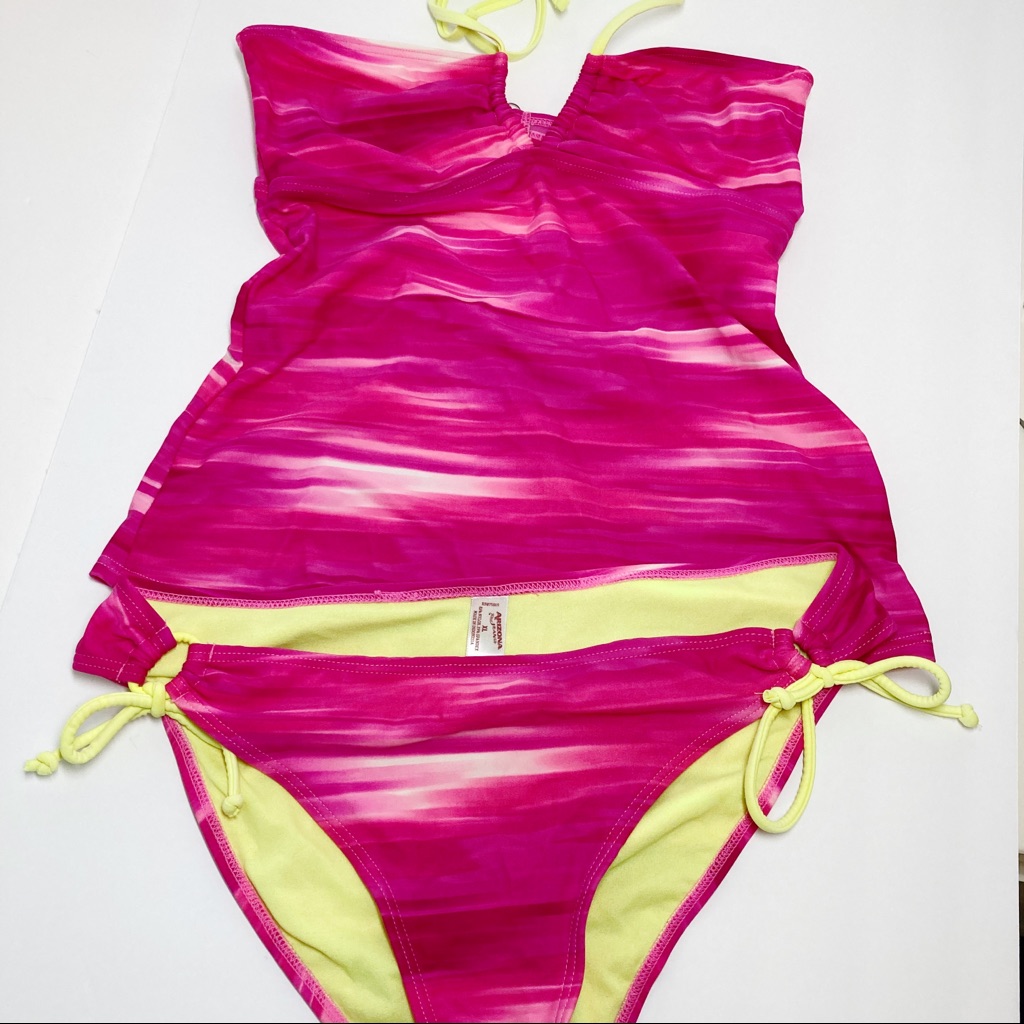 Arizona Jeans String Tankini Swimsuit 2 Piece Set Tie Dye Hot Pink Neon Yellow